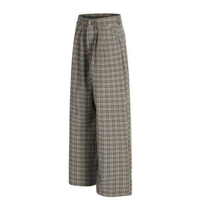 Vintage Street Style High-End Plaid Pleated Trendy Design Loose Wide-Leg Men's Casual Pants