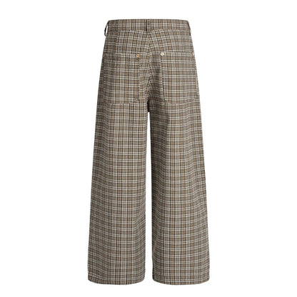 Vintage Street Style High-End Plaid Pleated Trendy Design Loose Wide-Leg Men's Casual Pants