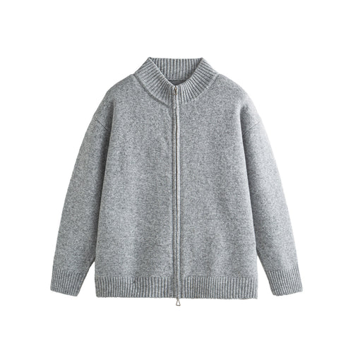 Solid Color Long Sleeve Zipper  Loose Fit Cardigan Sweater Jacket