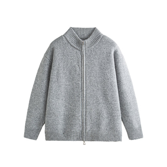 Solid Color Long Sleeve Zipper  Loose Fit Cardigan Sweater Jacket