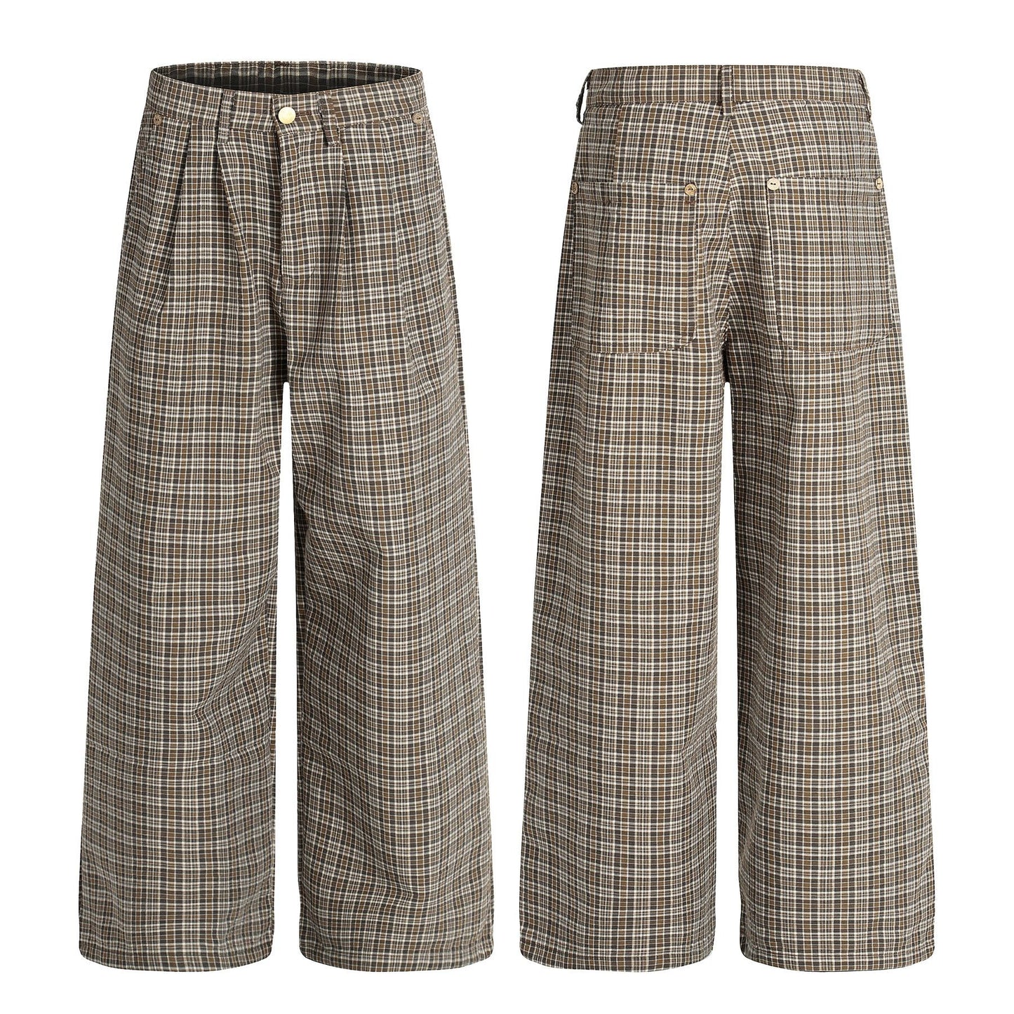 Vintage Street Style High-End Plaid Pleated Trendy Design Loose Wide-Leg Men's Casual Pants