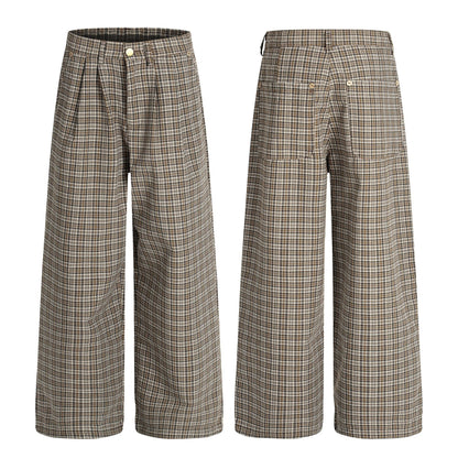 Vintage Street Style High-End Plaid Pleated Trendy Design Loose Wide-Leg Men's Casual Pants