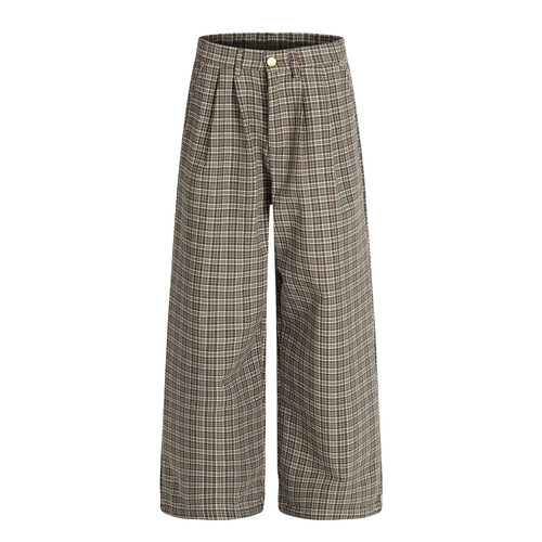 Vintage Street Style High-End Plaid Pleated Trendy Design Loose Wide-Leg Men's Casual Pants