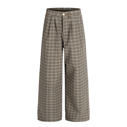 Vintage Street Style High-End Plaid Pleated Trendy Design Loose Wide-Leg Men's Casual Pants