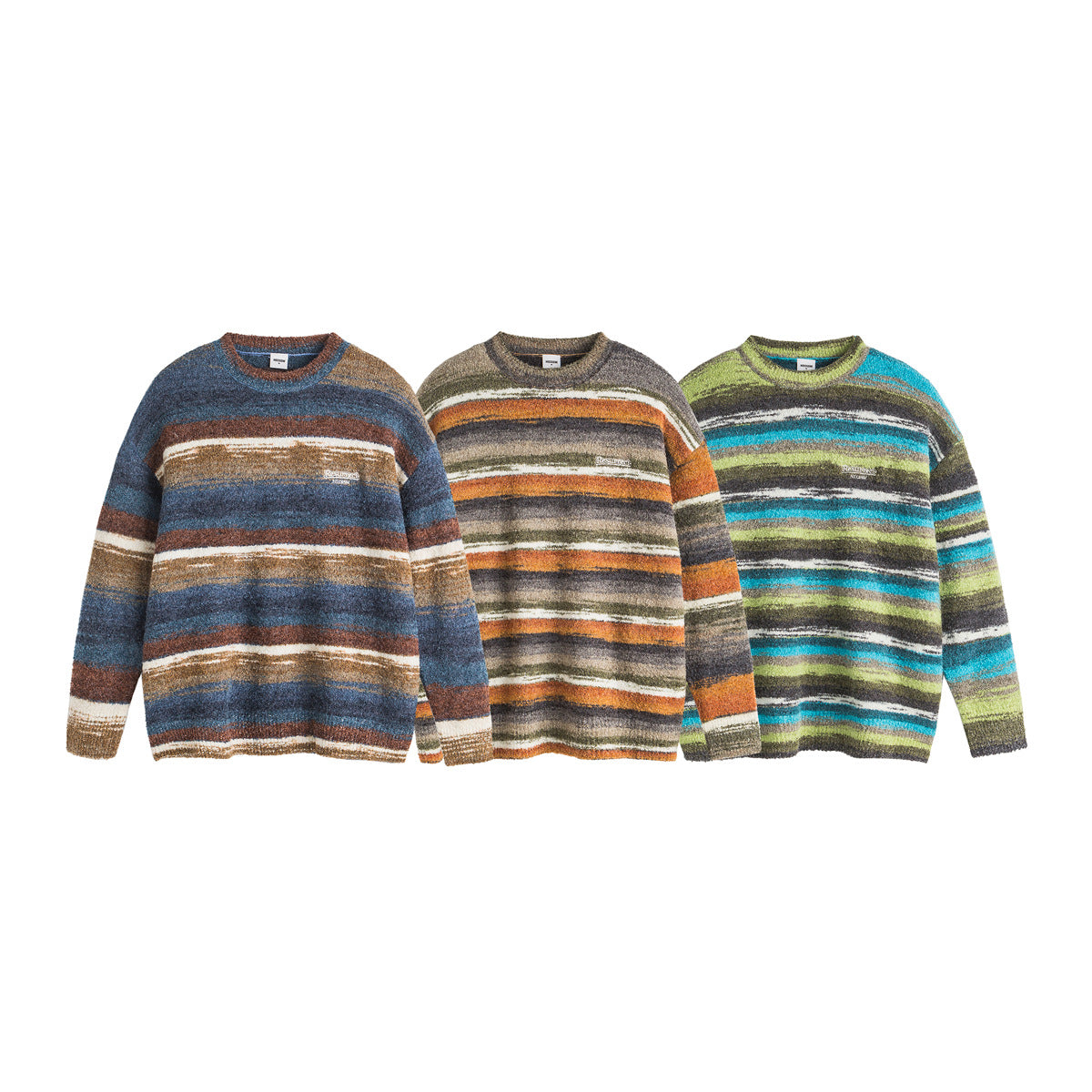 Retro National Trend Oil Painting Contrast Stripe Long Sleeve Crew Neck Knit Sweater