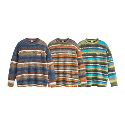 Retro National Trend Oil Painting Contrast Stripe Long Sleeve Crew Neck Knit Sweater