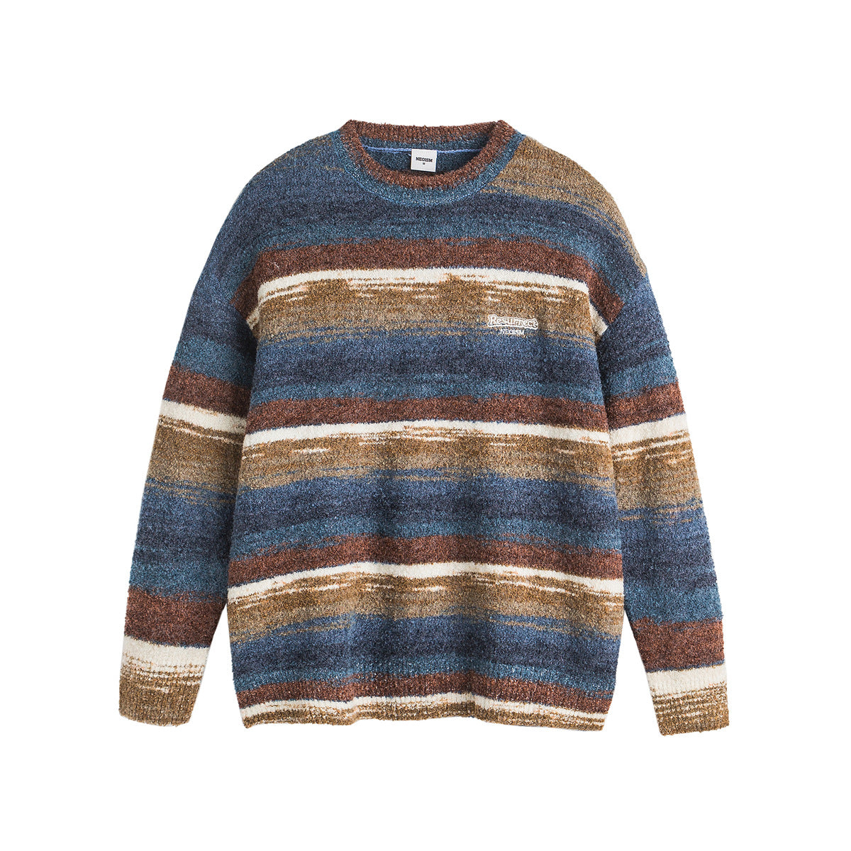 Retro National Trend Oil Painting Contrast Stripe Long Sleeve Crew Neck Knit Sweater