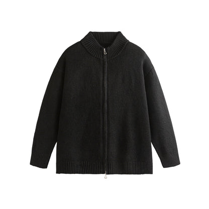 Solid Color Long Sleeve Zipper  Loose Fit Cardigan Sweater Jacket