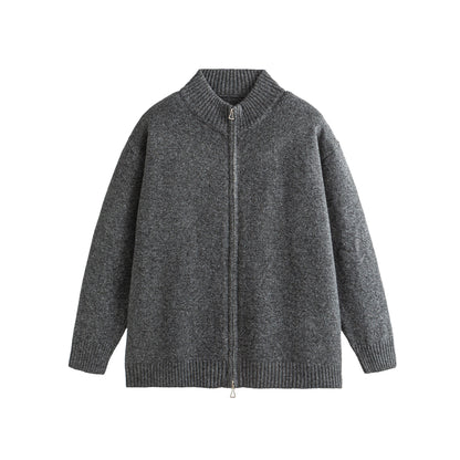 Solid Color Long Sleeve Zipper  Loose Fit Cardigan Sweater Jacket