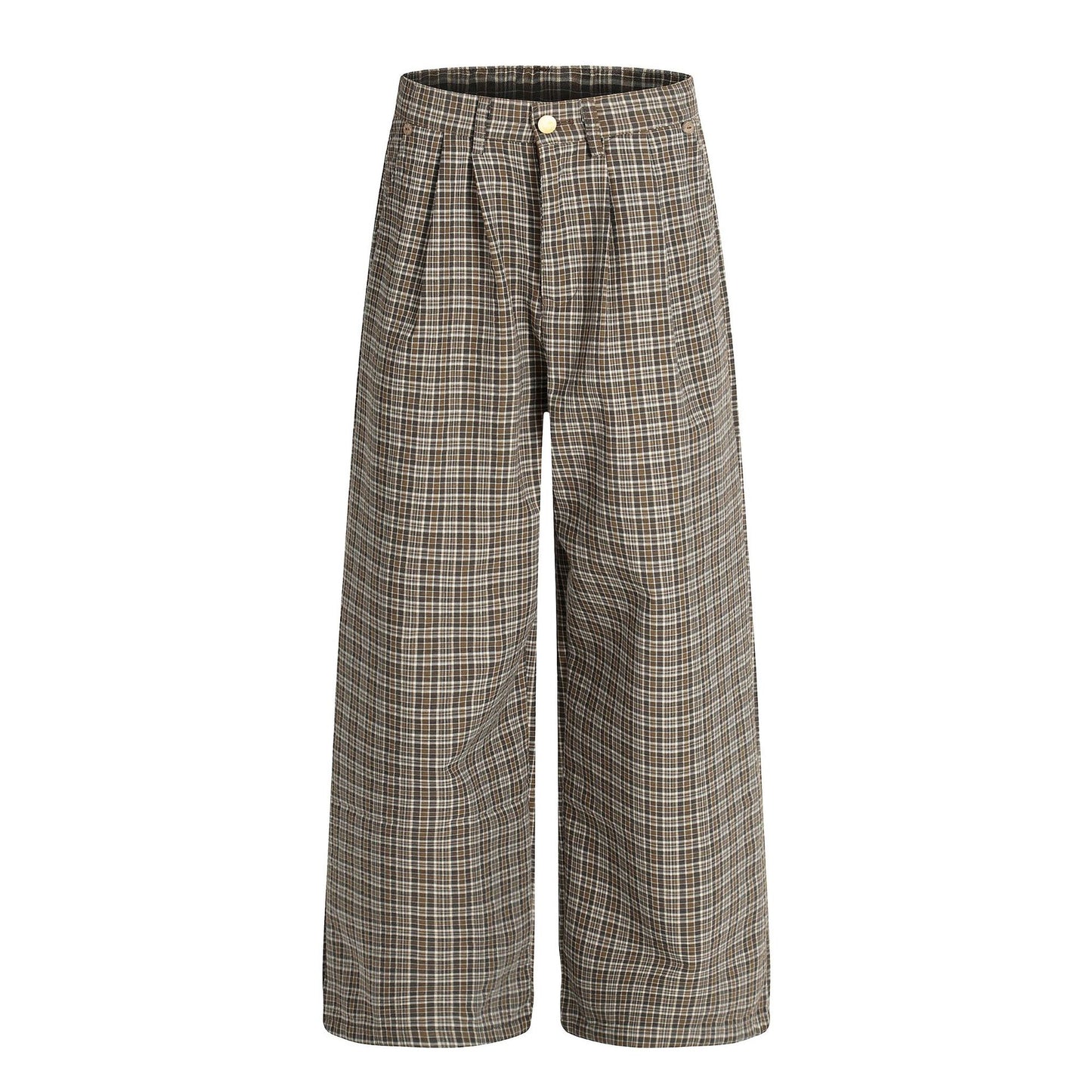 Vintage Street Style High-End Plaid Pleated Trendy Design Loose Wide-Leg Men's Casual Pants