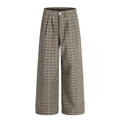 Vintage Street Style High-End Plaid Pleated Trendy Design Loose Wide-Leg Men's Casual Pants